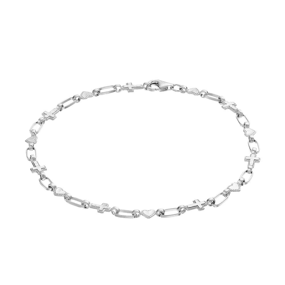 Kristen Kesho Sterling Silver Heart & Cross Link Bracelet, Women's, Size: 7.5" Product Image