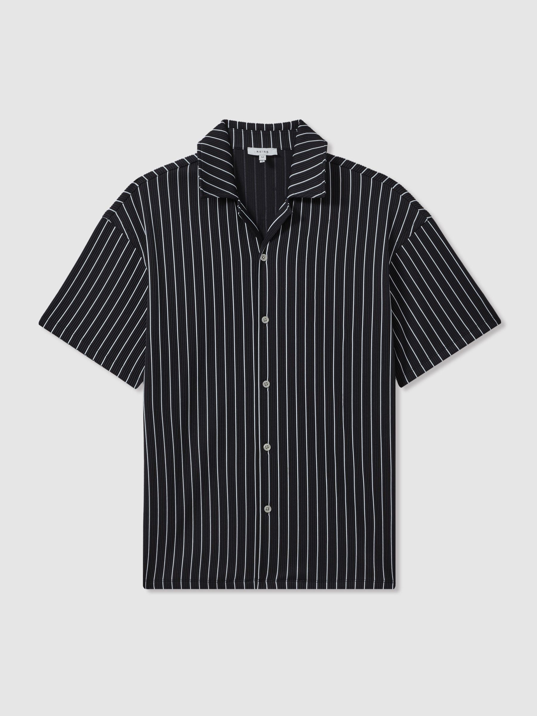 Ribbed Striped Cuban Collar Shirt in Navy/White Product Image