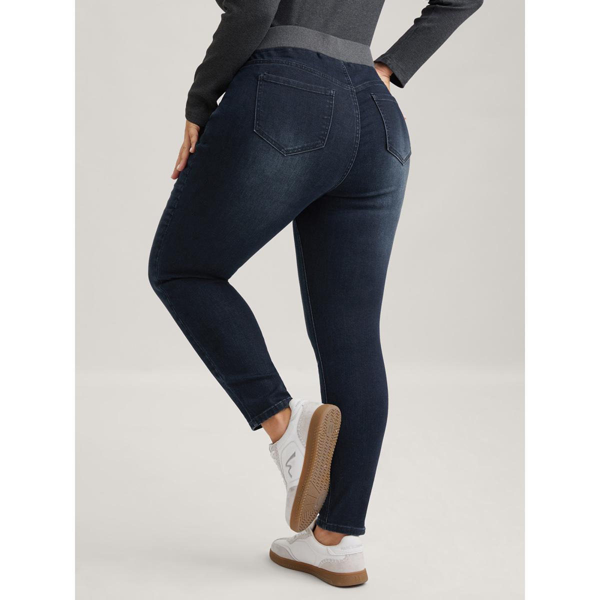 Plus Size Stretchy Whiskered Waist Skinny Knit Jeans Women Darkindigo Leisure Medium stretch Slanted pocket Jeans BloomChic 24/3X Product Image