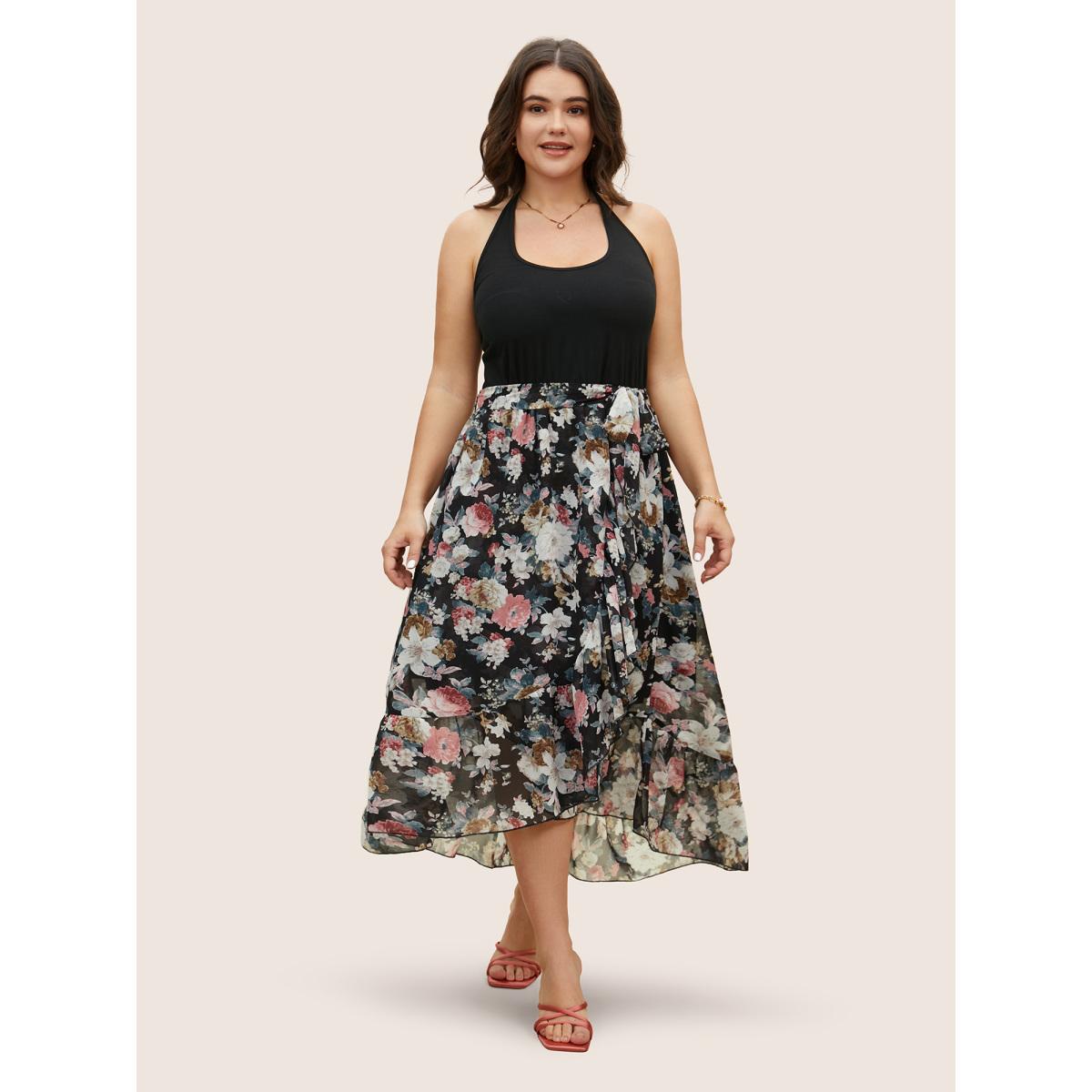 Plus Size Halter Neck Patchwork Floral Belted Dress Black Women Elegant Halter neck Sleeveless Curvy BloomChic 26/4X Product Image