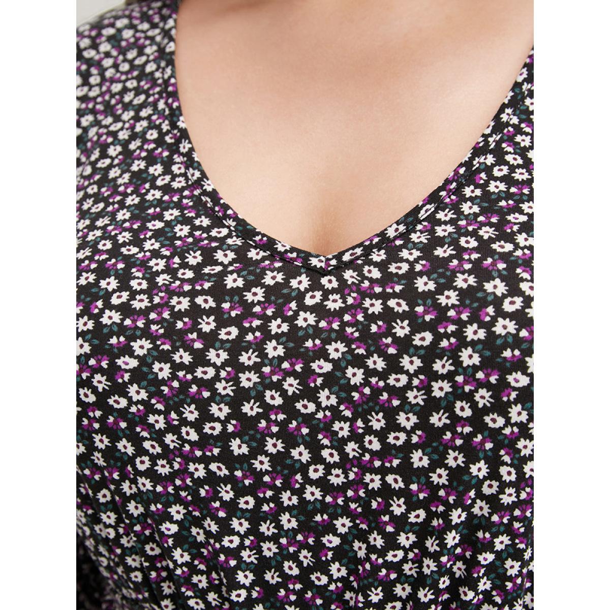 Plus Size Ditsy Floral Pocket Pocket Belted Asymmetrical Hem Dress Midnight Women Elegant V-neck Long Sleeve Curvy Midi Dress BloomChic 26/4X Product Image