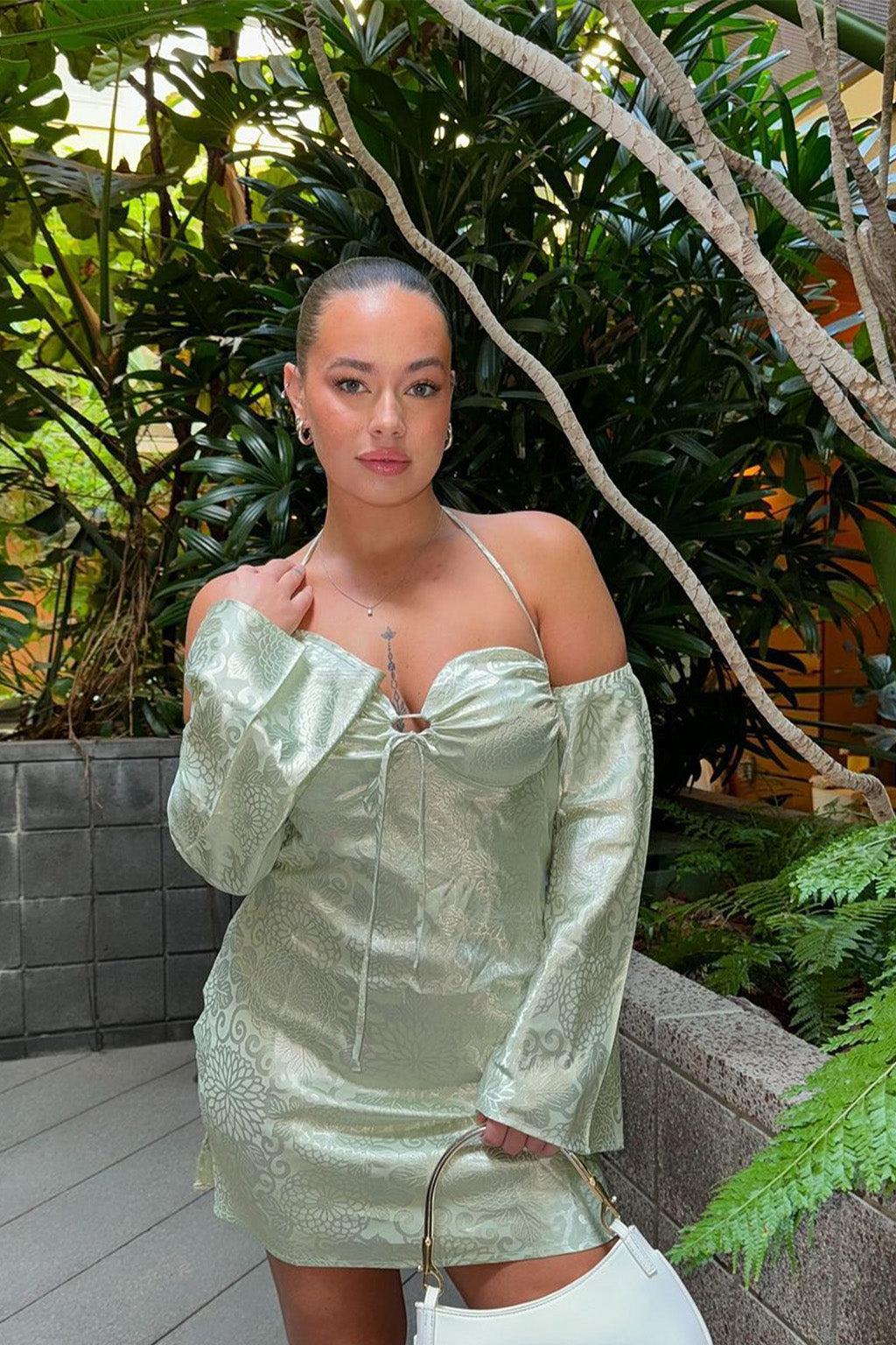 Pearlina Sage Printed Satin Mini Dress Product Image