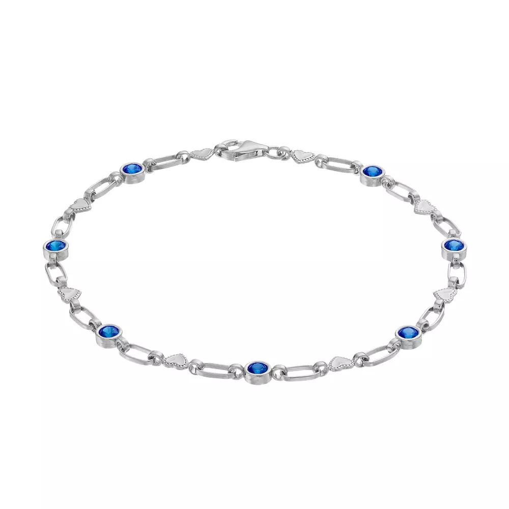 Kristen Kesho Sterling Silver Lab-Created Sapphire Heart Link Bracelet, Women's, Size: 7.5" Product Image