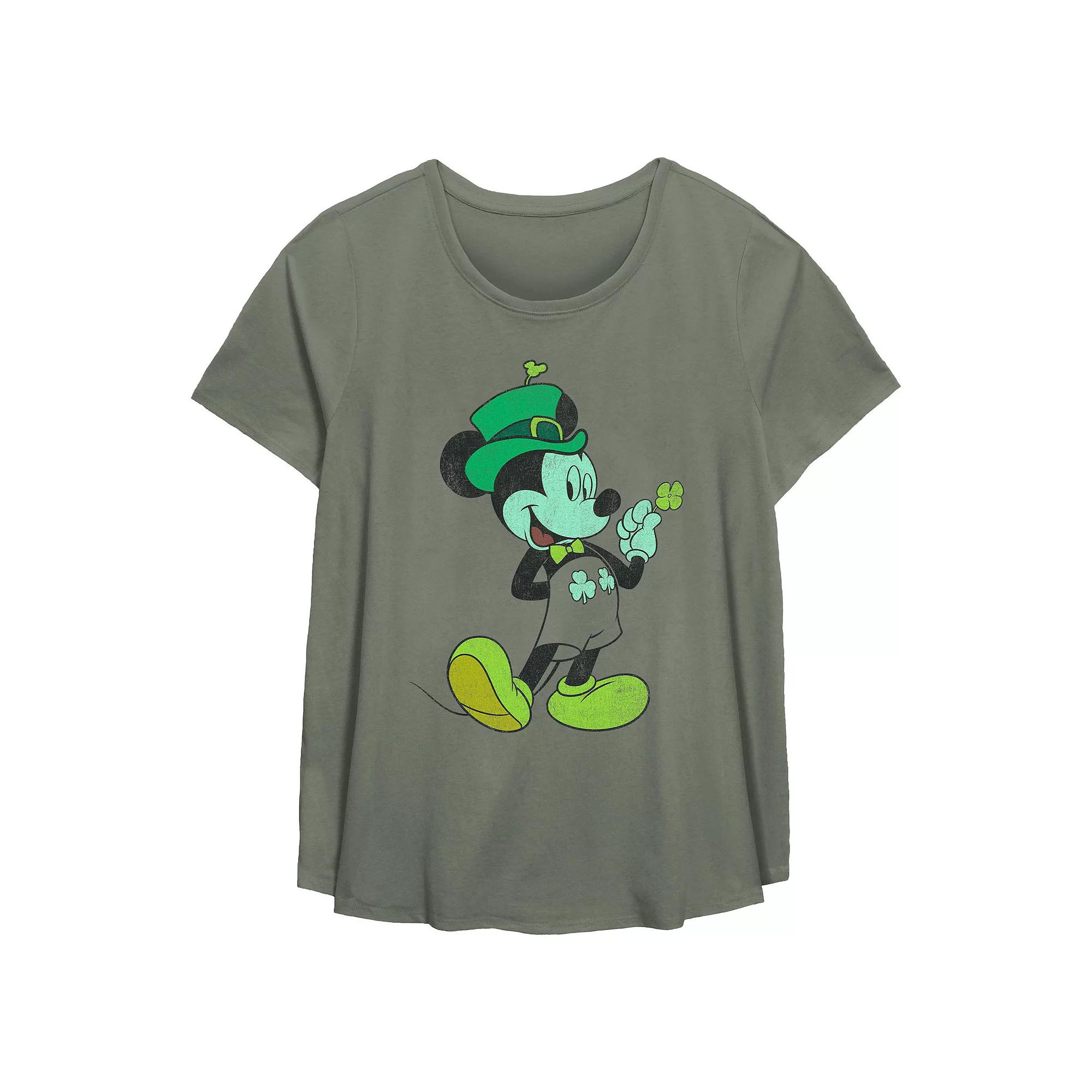 Disneys Mickey Mouse Lucky Outfit Plus Size Flowy Graphic Tee, Womens Green Product Image