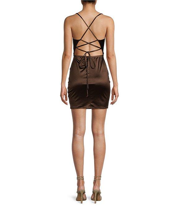 Honey and Rosie Satin Lace-Up Back Wrap Mini Dress Product Image