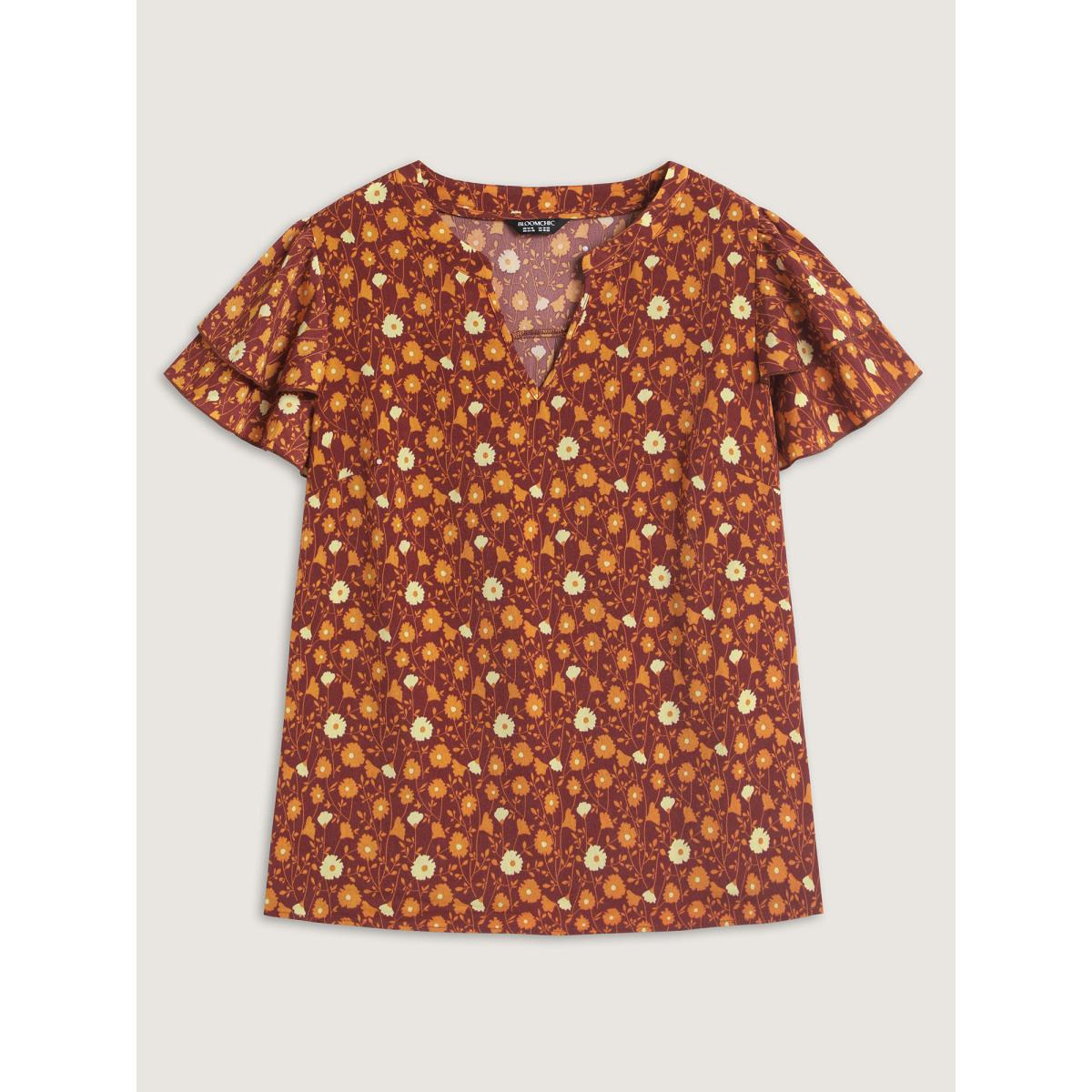 Plus Size Browncoffeecolor Floral Printed Layered Ruffled Sleeve Blouse Women Timeless Short sleeve Flat collar with V-notch Elegant Blouses BloomChic 14-16/1X Product Image