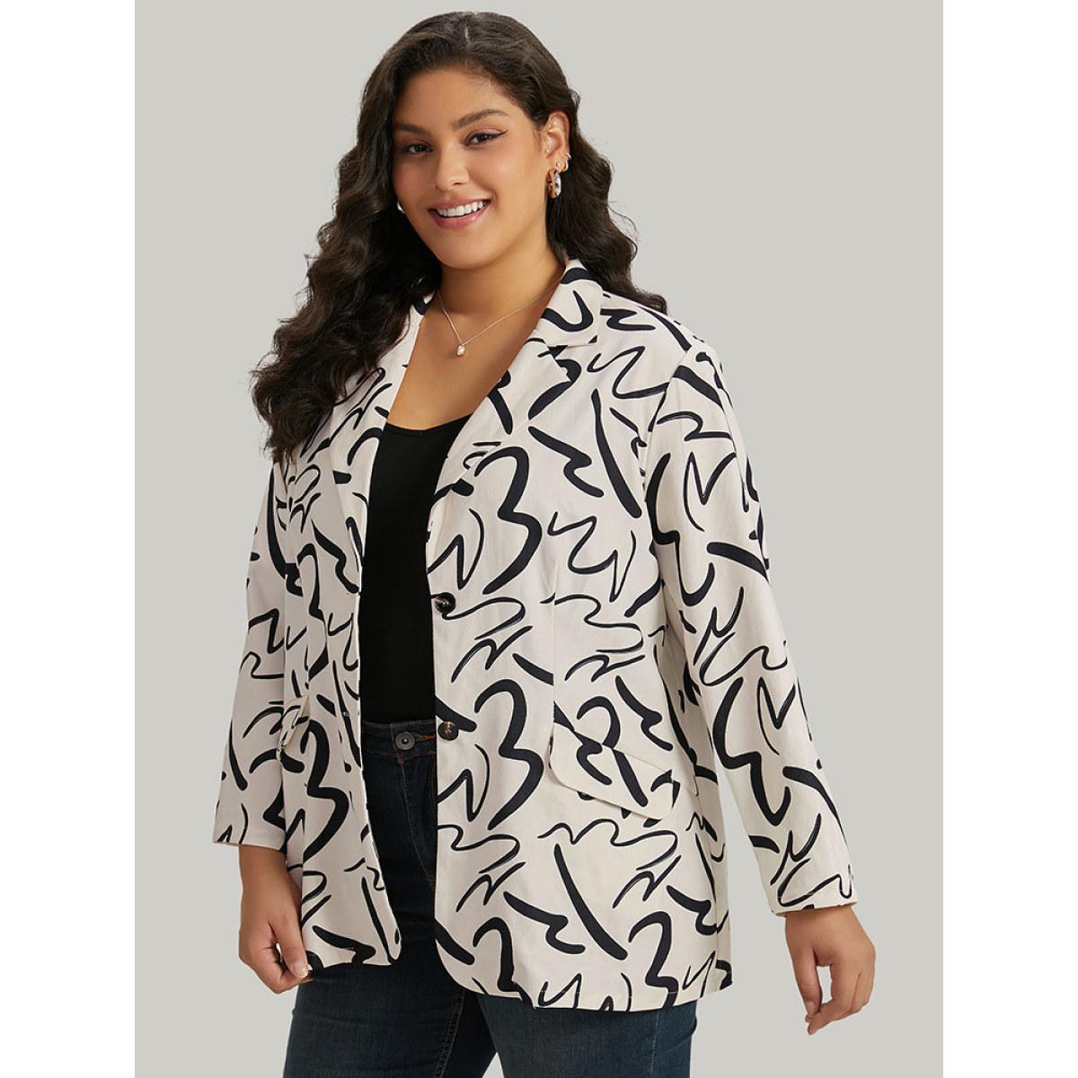 Plus Size Line Print Suit Collar Pocket Button Through Blazer Ivory Women Dailywear Geometric Button Sleeve Long Sleeve Suit Collar 10/M Pocket Office Blazers BloomChic Product Image
