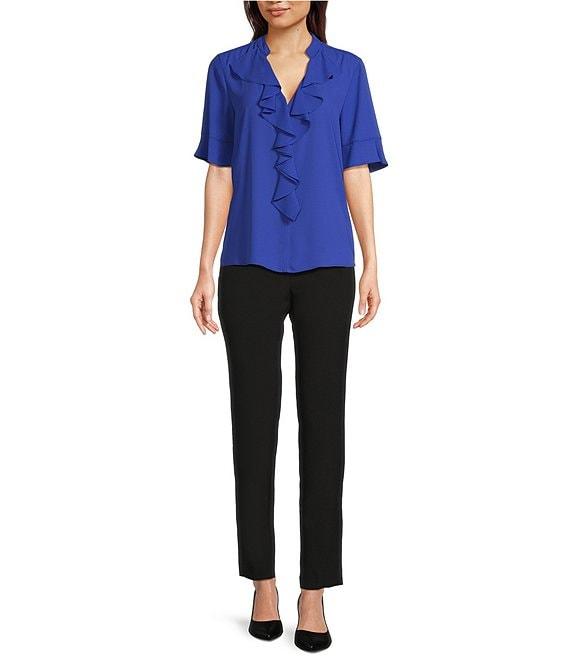 KARL LAGERFELD PARIS Ruffle Front V-Neck Short Flare Sleeve Blouse Product Image