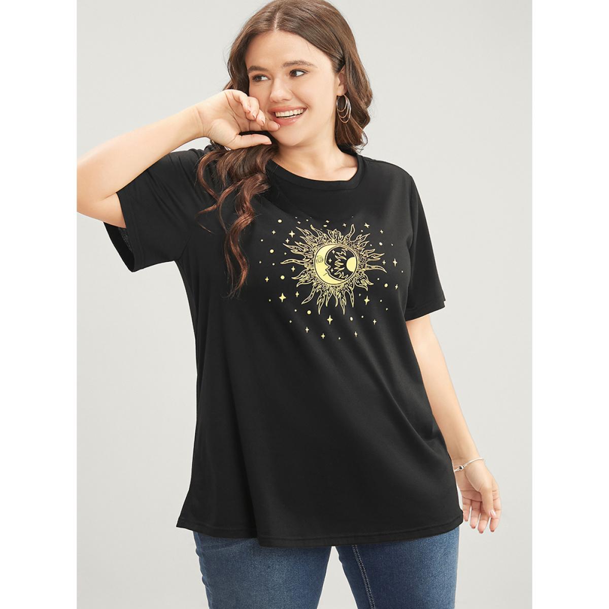 Plus Size Moon And Star Round Neck T-shirt DimGray Women Casual Printed Star and moon Dailywear T-shirts BloomChic 14-16/1X Product Image