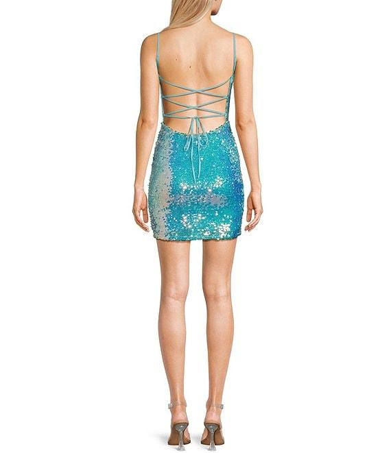 B. Darlin Spaghetti Strap Square Neck Lace Up Back Sequin Bodycon Dress Product Image