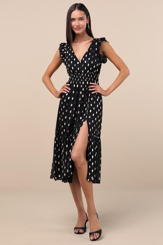Cause to Celebrate Black and Gold Dot Ruffled Tiered Midi Dress Product Image