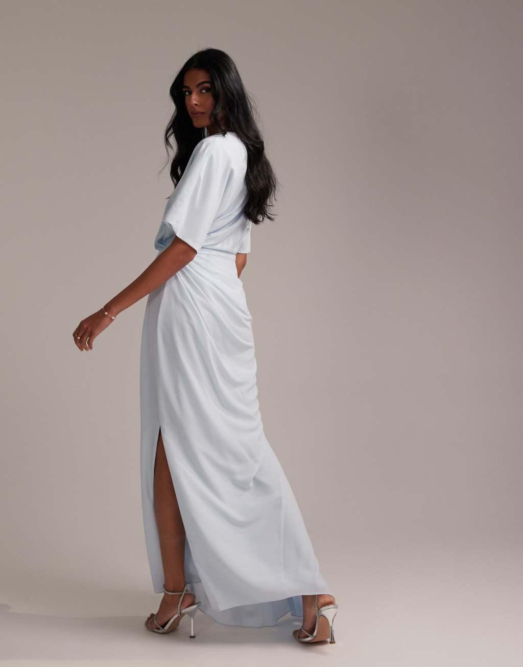 ASOS DESIGN Bridesmaids slash neck crepe t-shirt sleeve minimal drape maxi dress in light blue Product Image
