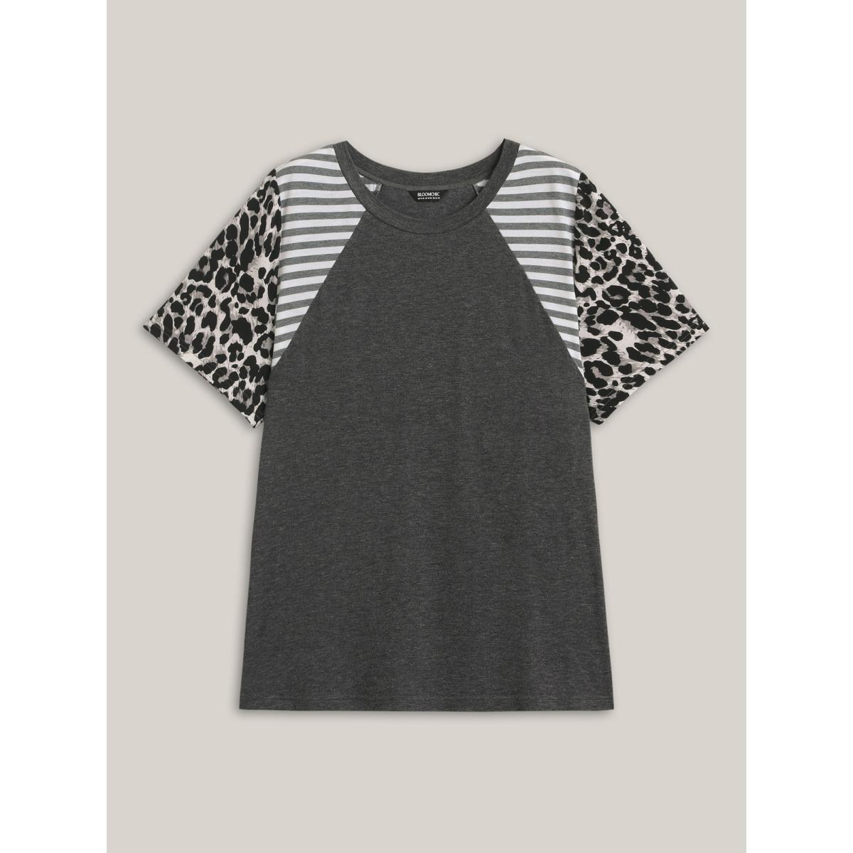 Plus Size Leopard Stripes Raglan Sleeve T-Shirt DimGray Women Contrast Round Neck Everyday-Casual T-shirts BloomChic 30/6X Product Image