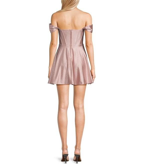 Honey and Rosie Glitter Knit Strapless Off-The-Shoulder Pleated Bodice Mesh Illusion Corset Dress Product Image