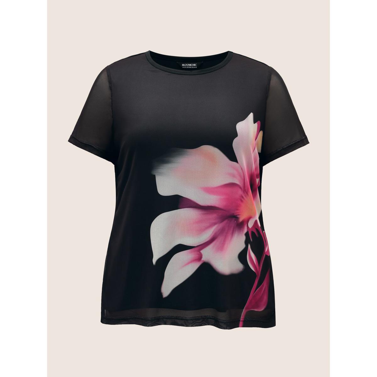 Plus Size Round Neck Lily Print Patchwork Mesh T-shirt Black Women Elegant See through Natural Flowers Round Neck Everyday T-shirts BloomChic 14-16/1X Product Image