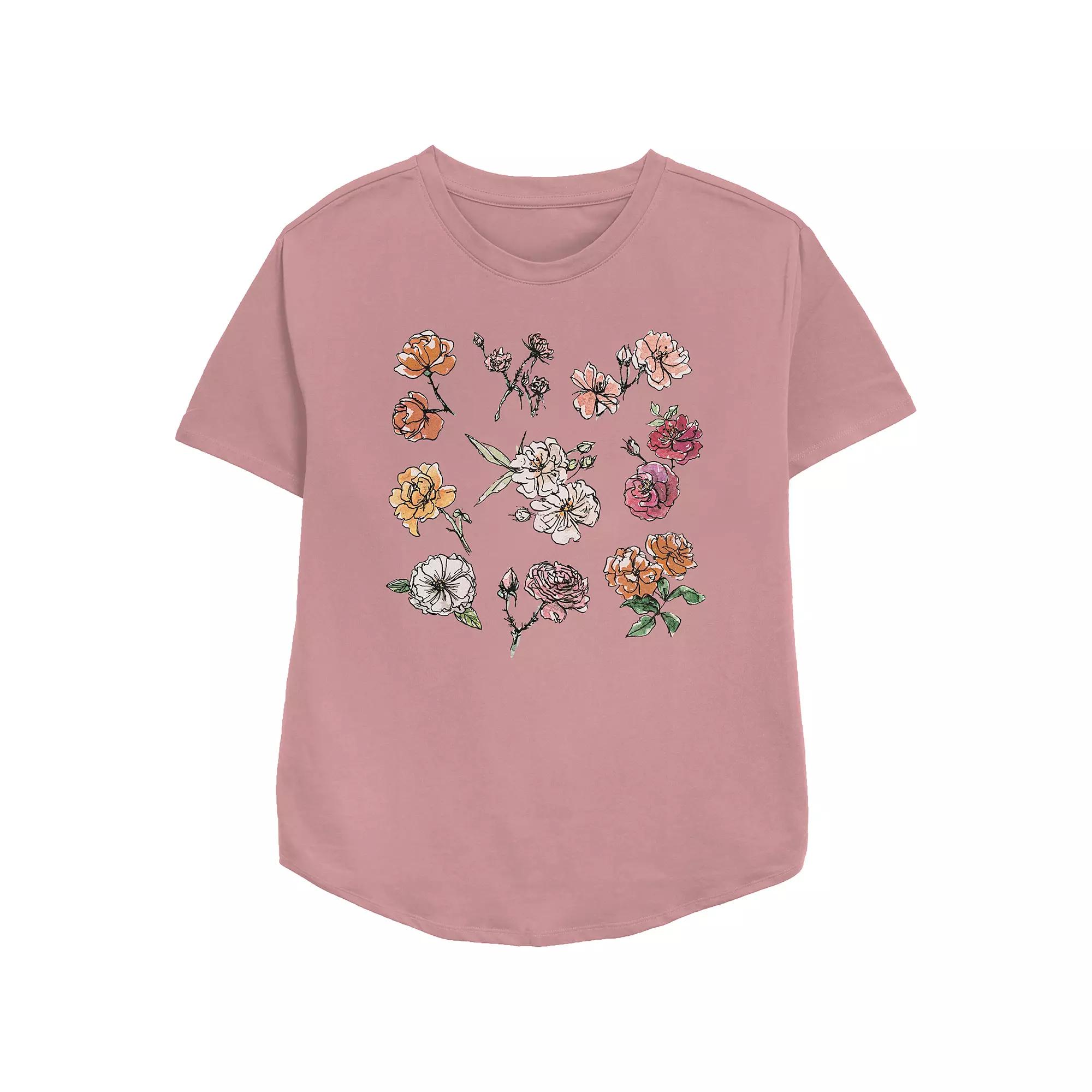 Women's Flowers Watercolor Painting Relaxed Fit Graphic Tee, Girl's,  Product Image