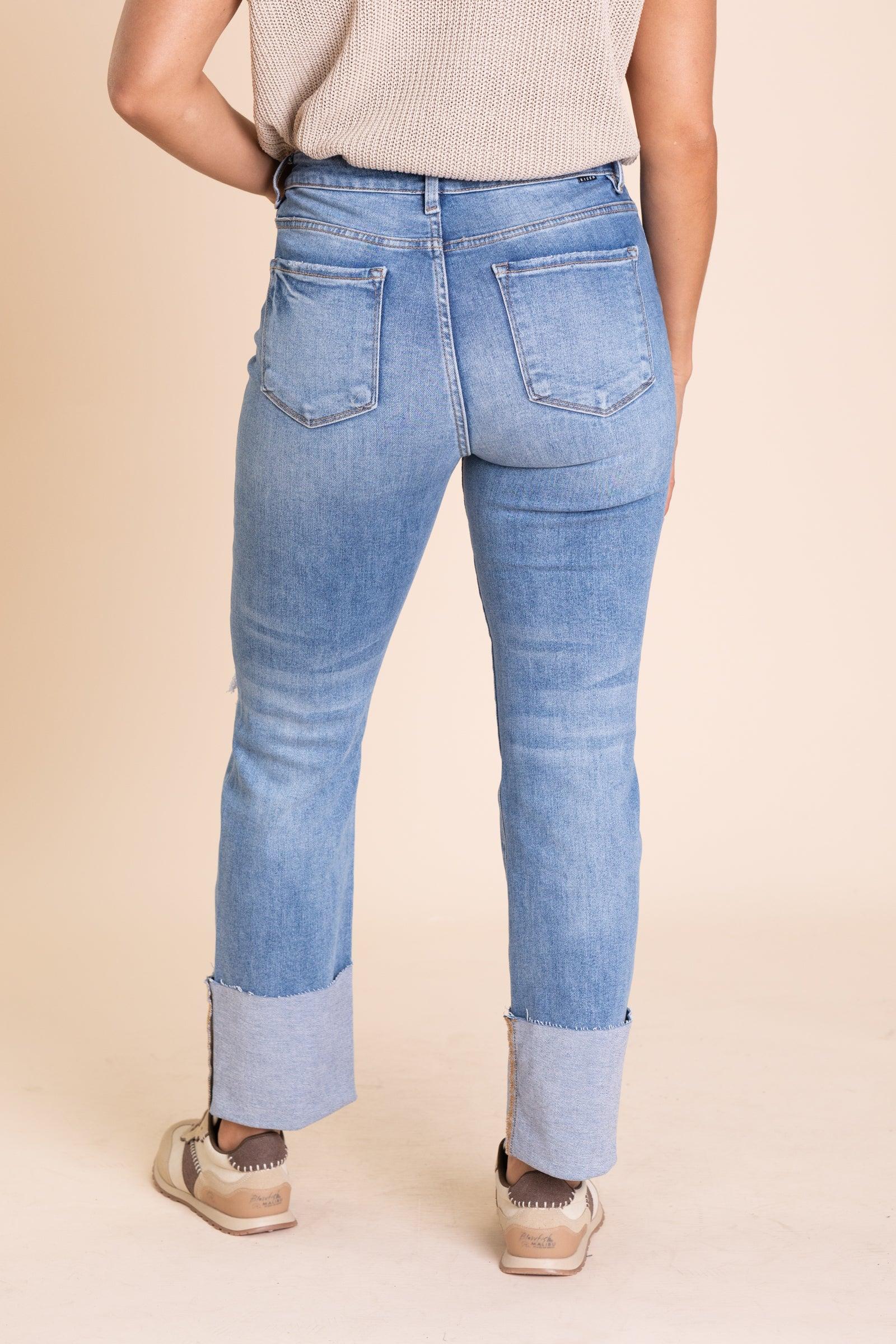 Risen Medium Wash Cuffed Straight Leg Jeans Product Image