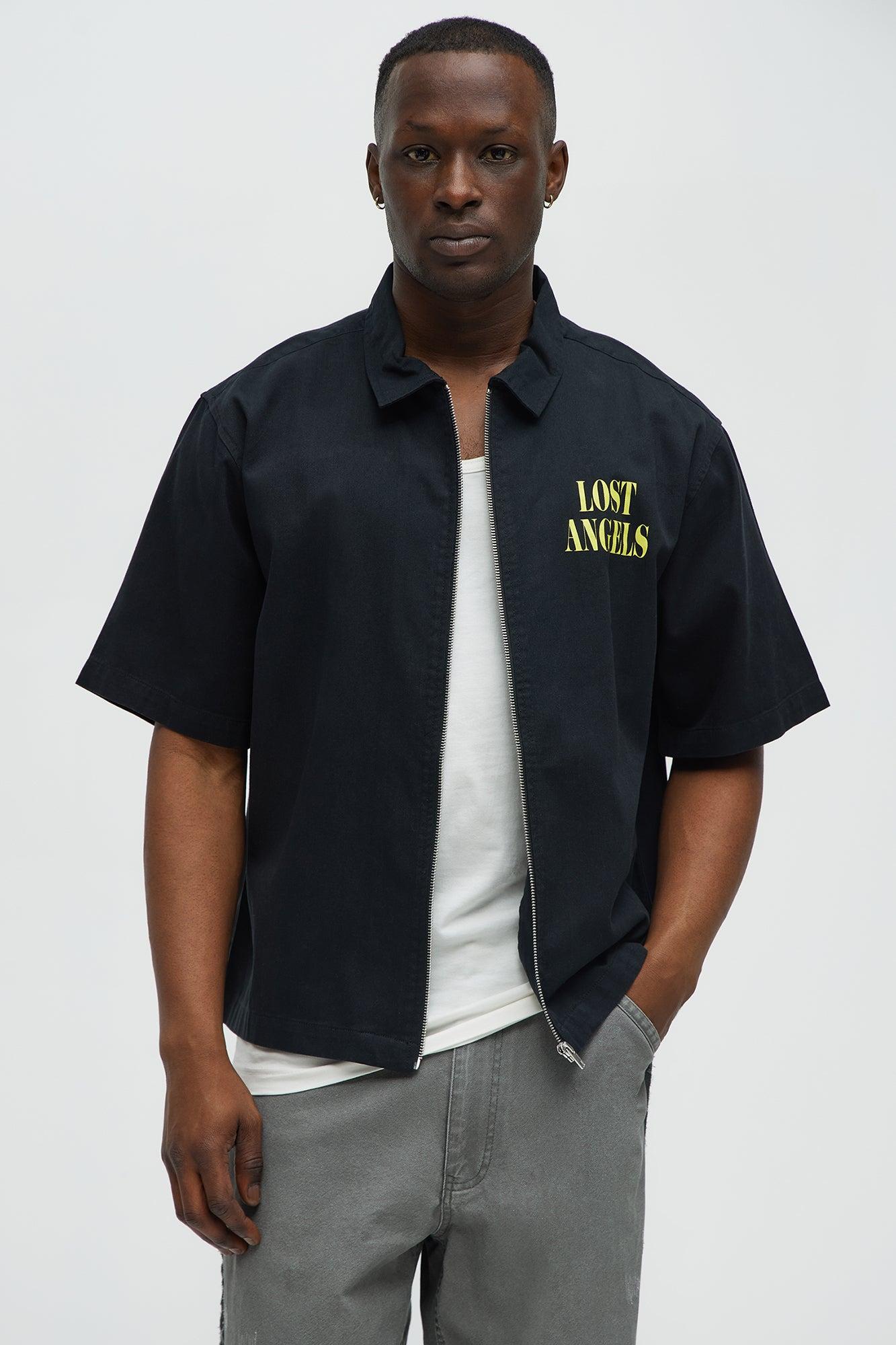 Just Chilling Cropped Short Sleeve Zip Up Shirt - Black Product Image