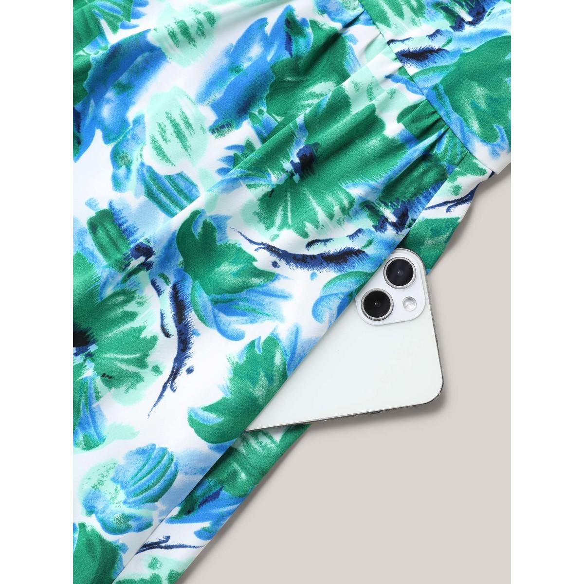 Plus Size Brush Stroke Floral Surplice Neck Midi Dress Mediumblue Women Elegant Gathered Overlap Collar Short sleeve Curvy BloomChic 18-20/2X Product Image