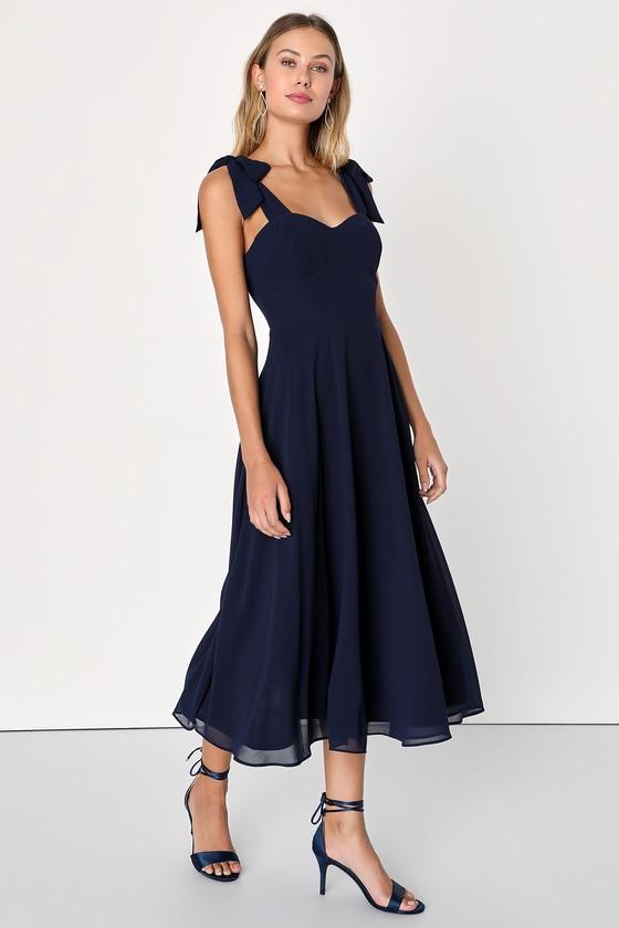 Sophisticated Charisma Navy Blue Tie-Strap A-Line Midi Dress Product Image