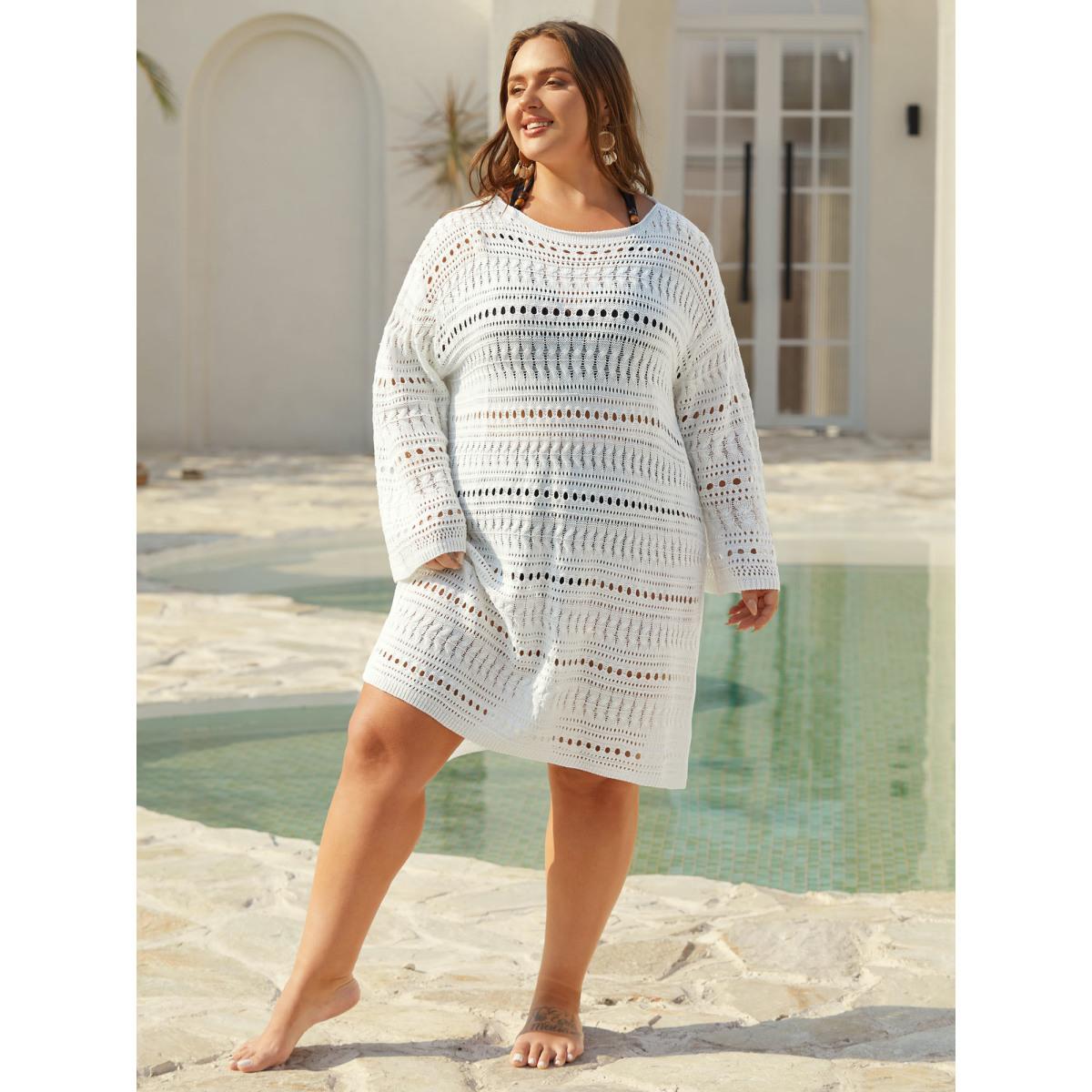 Plus Size Cut-Out Bell Sleeve Swim Cover-Up Women's Swimwear Ivory Beach Loose Texture Curve Swim Cover Ups BloomChic 14-16/1X Product Image