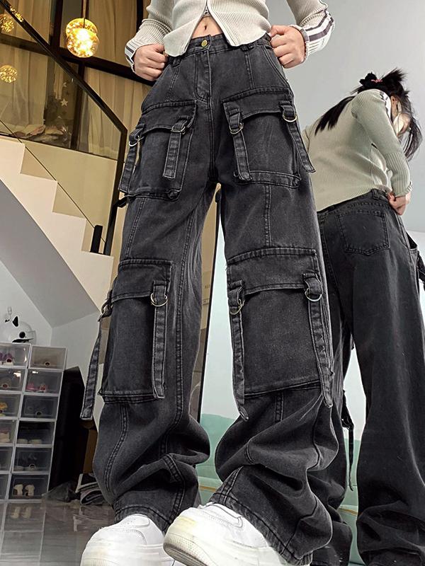 Street Multi Pocket High Rise Cargo Jeans Product Image