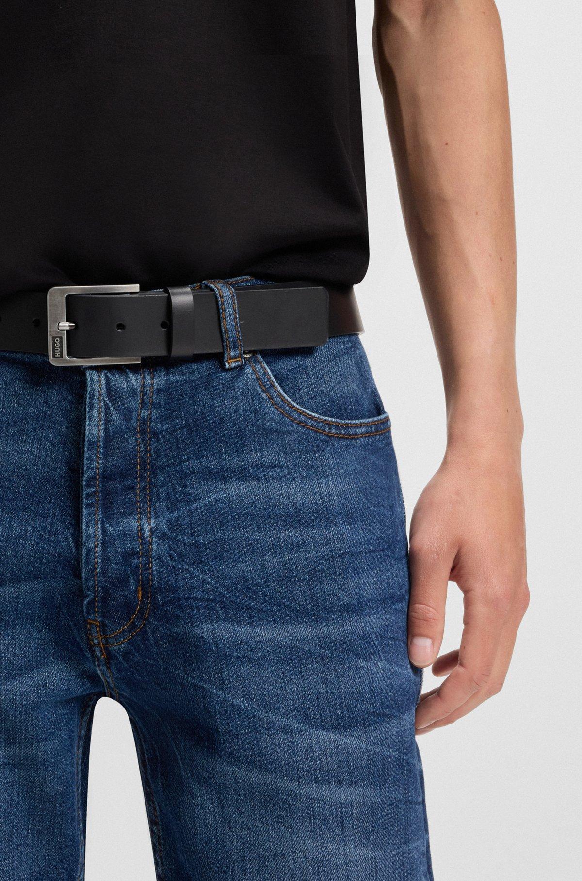 HUGO - Italian-leather belt with brushed logo buckle - Black Product Image