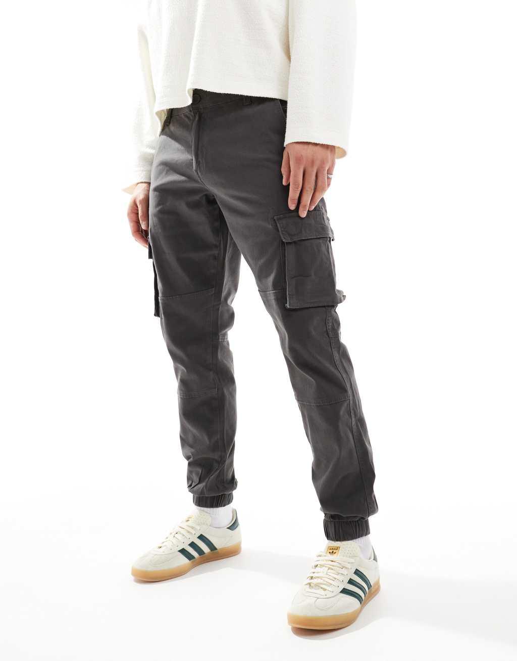 Only & Sons tapered fit cargo with cuffed bottom in gray Product Image