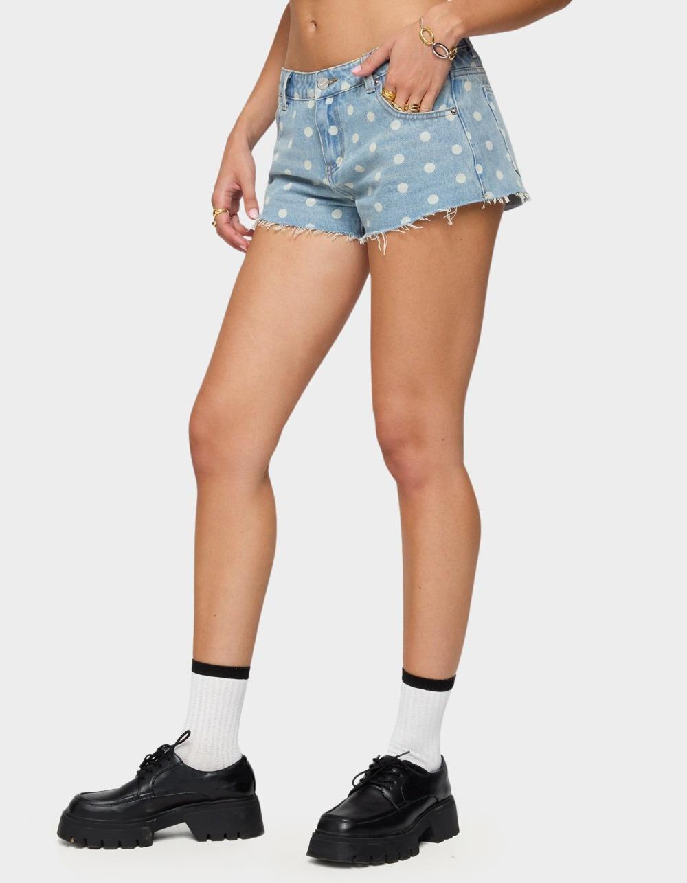 EDIKTED Josie Polka Dot Denim Shorts - LIGHT BLUE Product Image