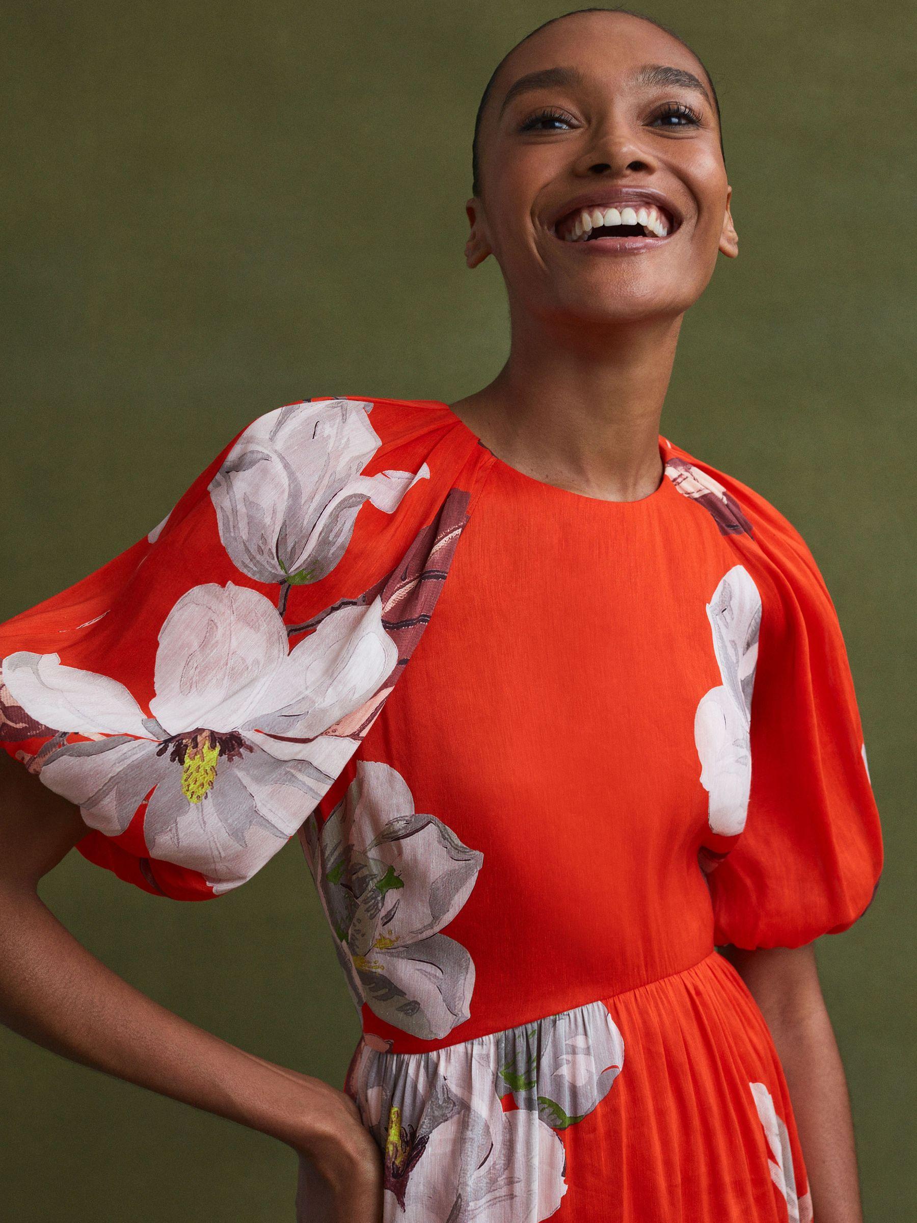 Florere Linen Silk Puff Sleeve Mini Dress in Orange Product Image