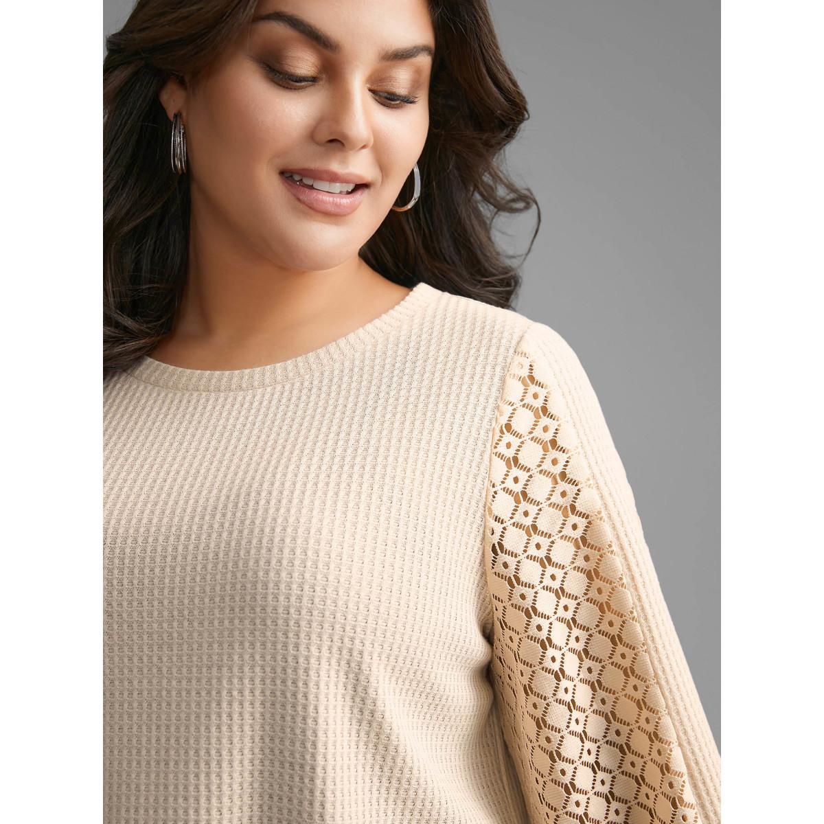 Plus Size Textured Patchwork Lace Panel T-shirt Champagne Women Casual Texture Non Everyday T-shirts BloomChic 10/M Product Image