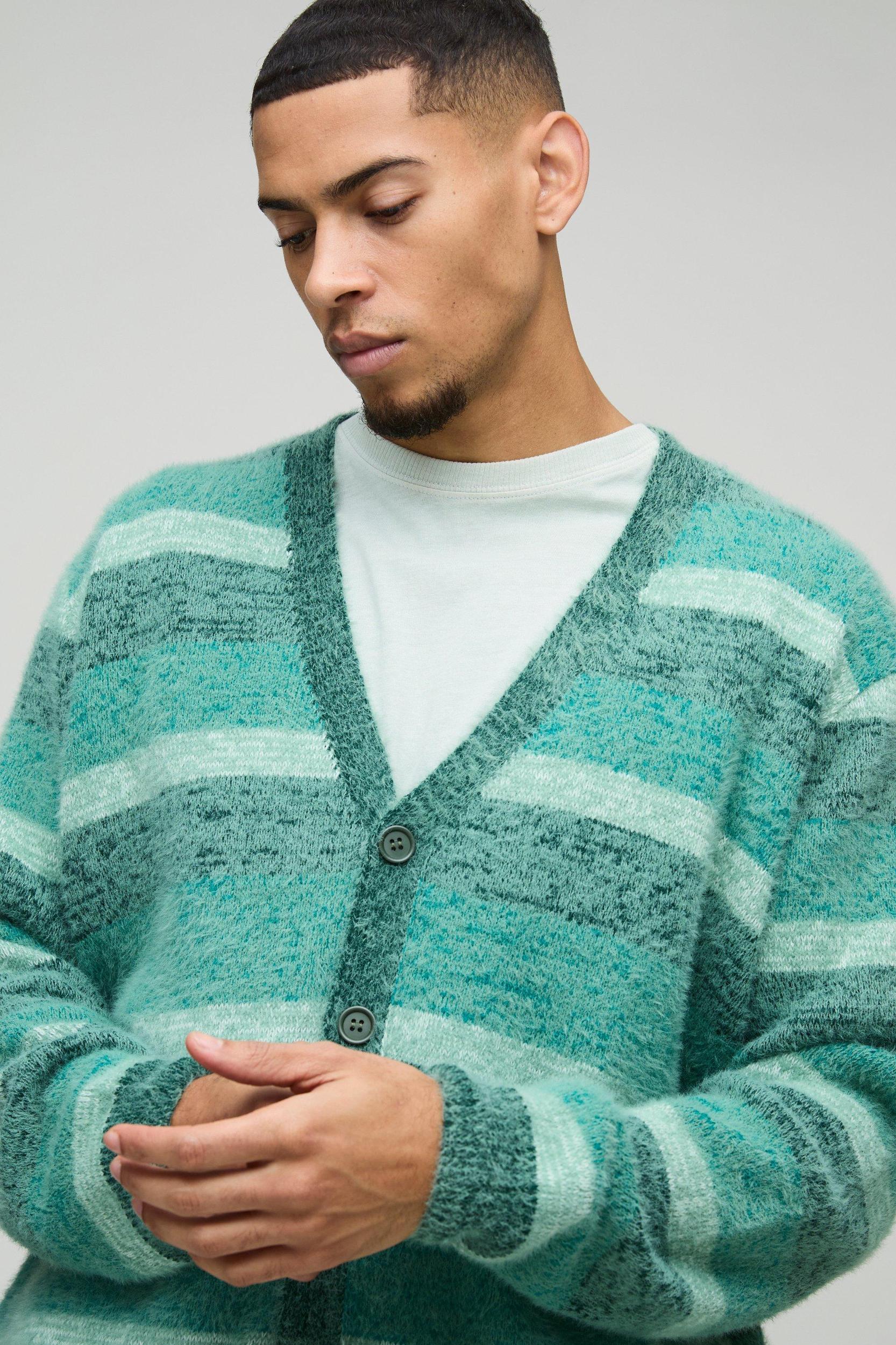 Boxy Brushed Stripe Knitted Cardigan | boohooMAN USA Product Image