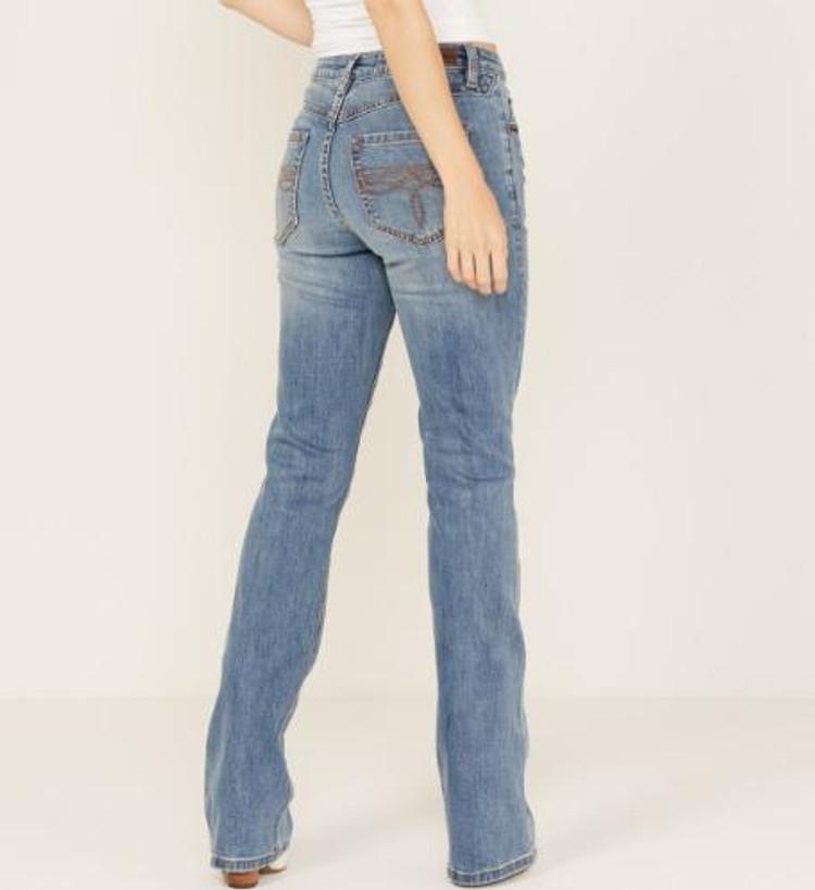SALE Rock & Roll Denim® Ladies' Distressed Medium Wash MR Boot Cut Stretch Jeans Product Image