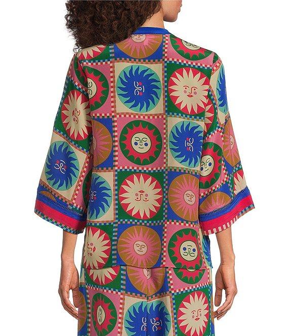 JOHNNY WAS Coordinating Villa Silk Tile Geometric Sun Print Split Lace-Up V-Neck 3/4 Sleeve Blouse Product Image