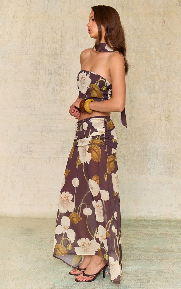 Dark Chocolate Floral Printed Chiffon Ruched Maxi Skirt Product Image