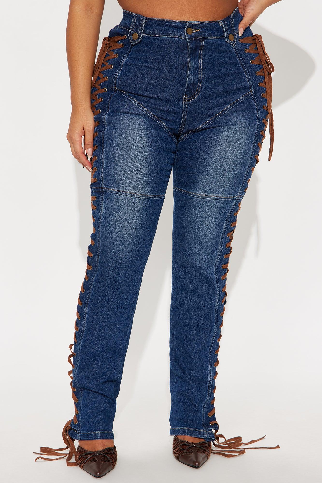 Jaw Dropper Stretch Lace Up Bootcut Jeans - Dark Wash Female Product Image