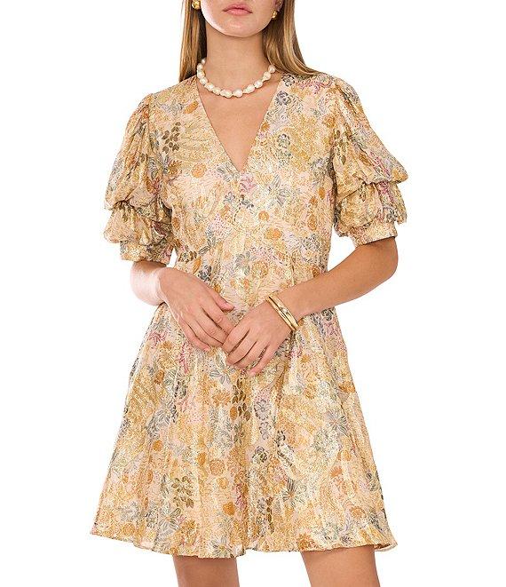 1. STATE Paisley Short Tiered Bubble Sleeve V Neckline Dress Product Image