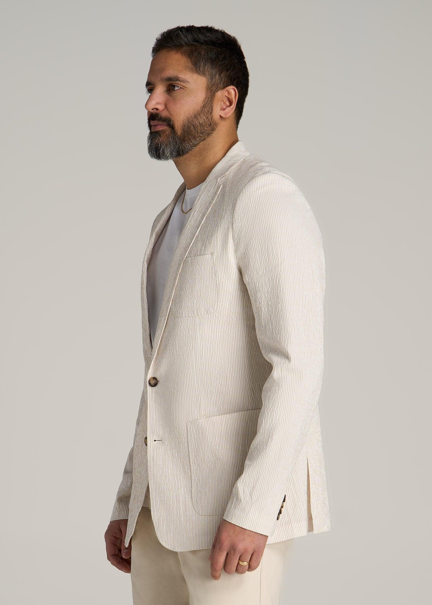 Stretch Seersucker Blazer for Tall Men in Off White and Beige Stripe Male Product Image