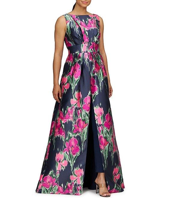 Kay Unger Evelyn Boat Neck Sleeveless Floral Print Mikado Overlay Walk Thru Jumpsuit Product Image