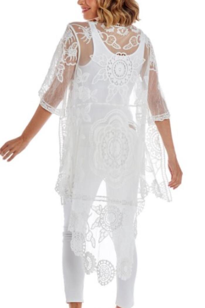 Boho High-Low Hem Crochet and Lace Kimono Product Image