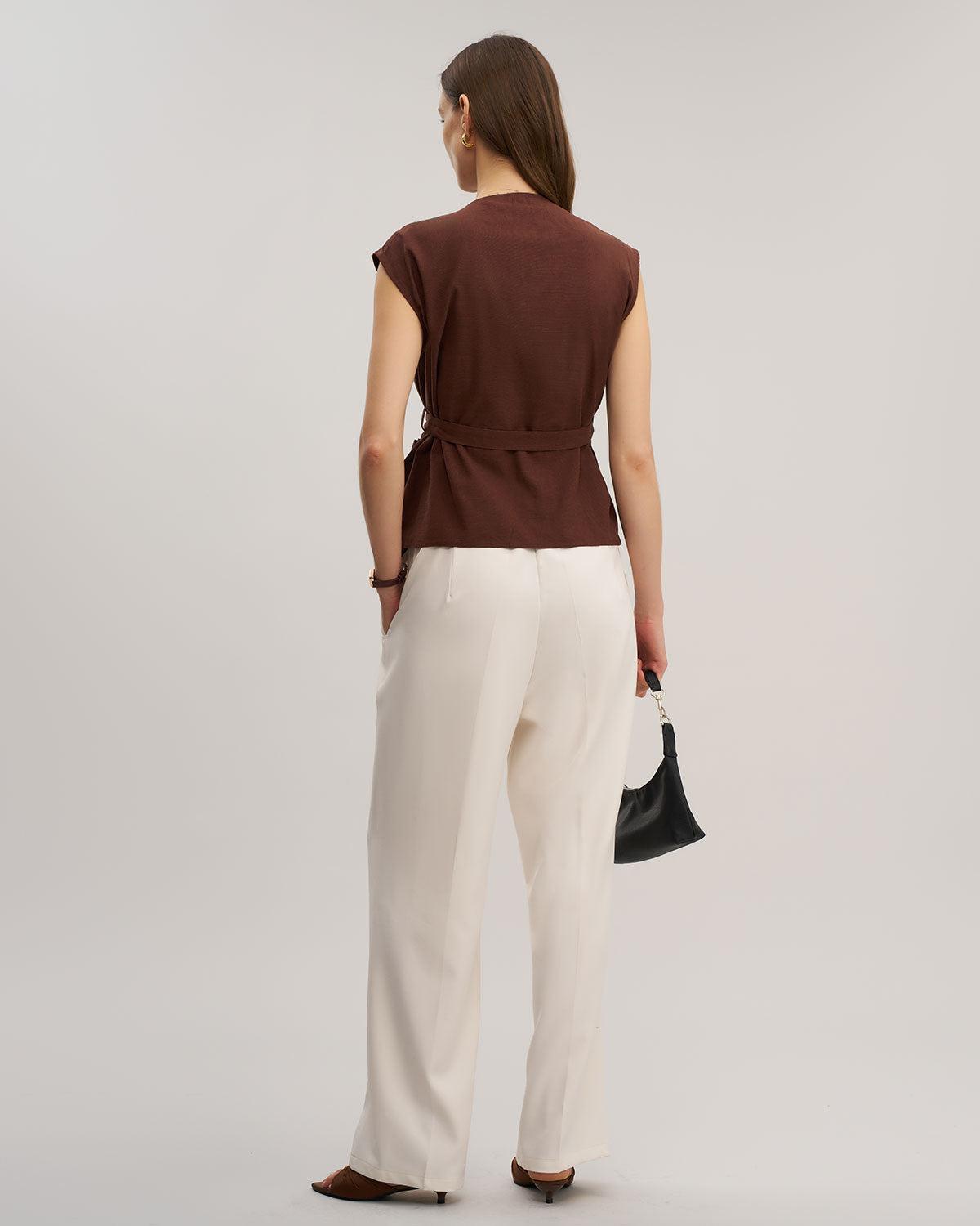 Coffee V Neck Belted Tank Top Product Image