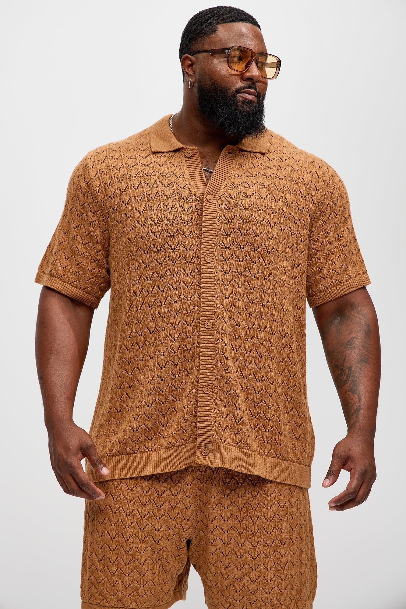 Waterfall Texture Open Knit Shirt - Brown Product Image