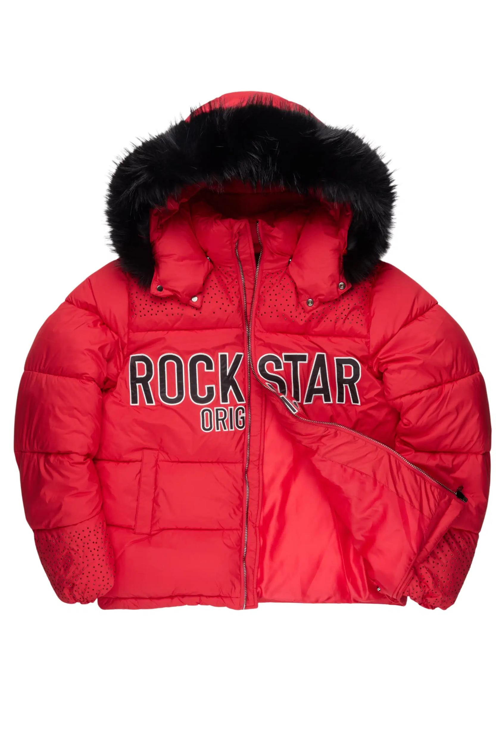 Natia Red Oversized Rhinestone Puffer Jacket Female Product Image