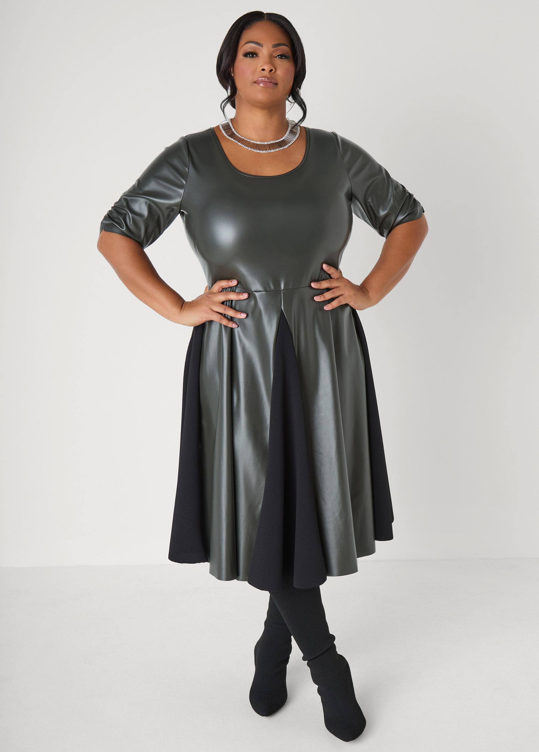 Paneled Faux Leather A Line Dress Product Image