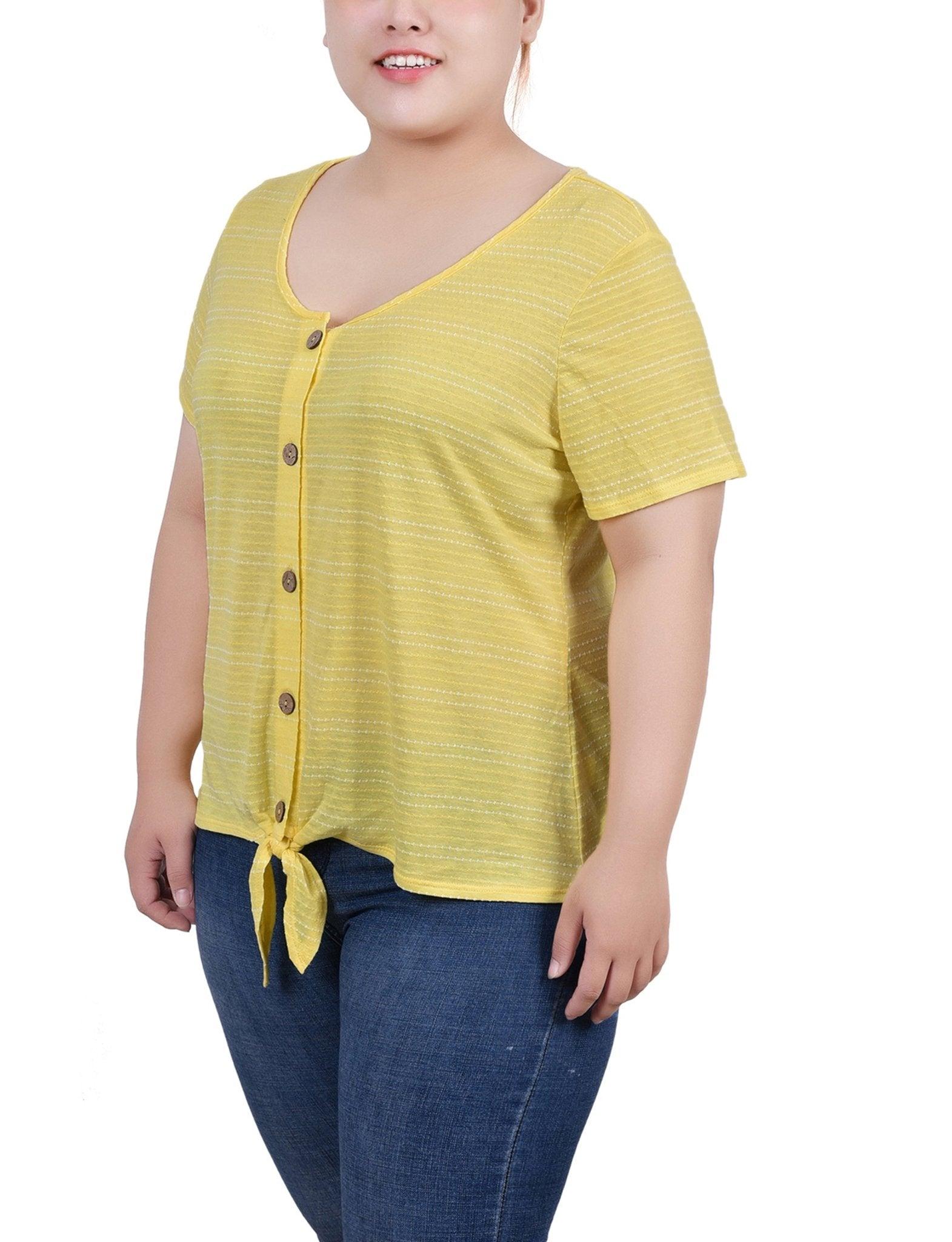 Yellow Short Sleeve Tie Front Top - Plus Product Image