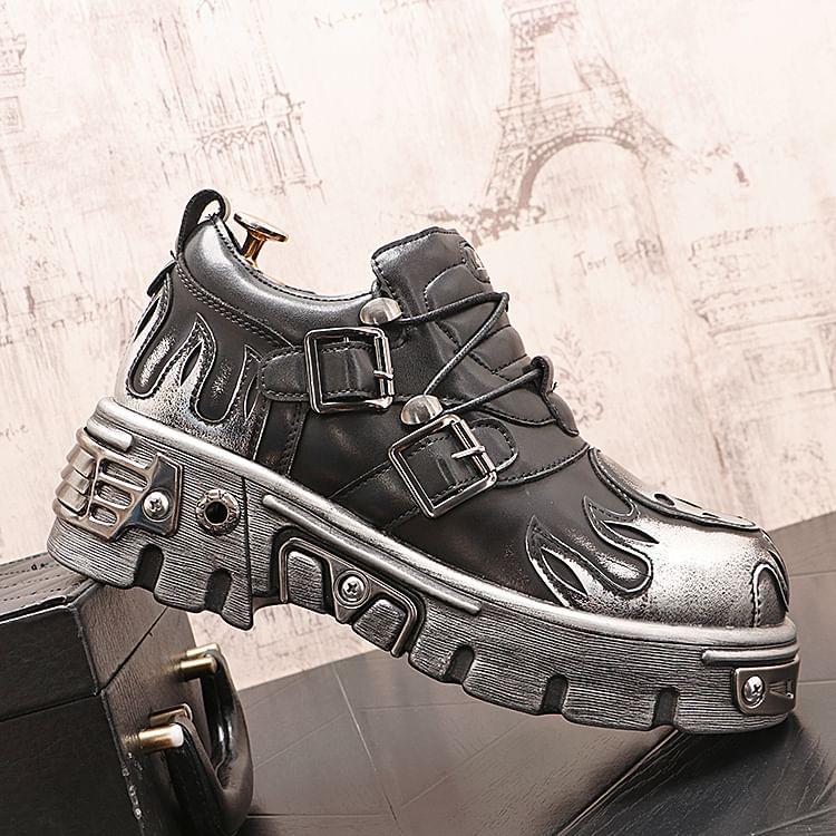 Platform Buckled Lace-Up Faux Leather Shoes Product Image