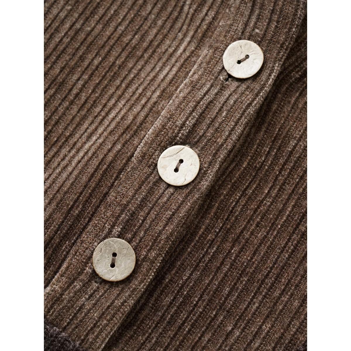 Plus Size Chenille Plisse Patchwork Button Detail Sweatshirt Women DarkBrown Casual Texture Round Neck Everyday Sweatshirts BloomChic 30/6X Product Image