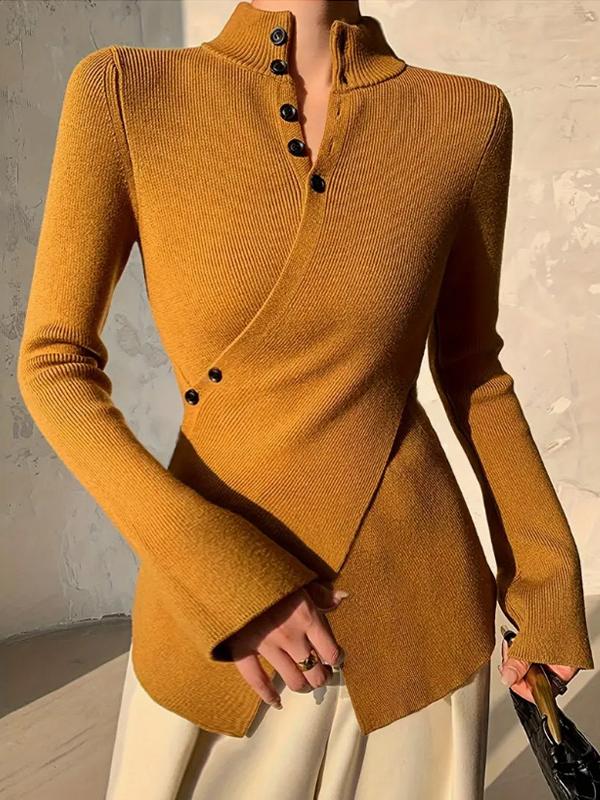 Long Sleeves Asymmetric Split-front Split-Joint V-neck Sweater Tops Product Image