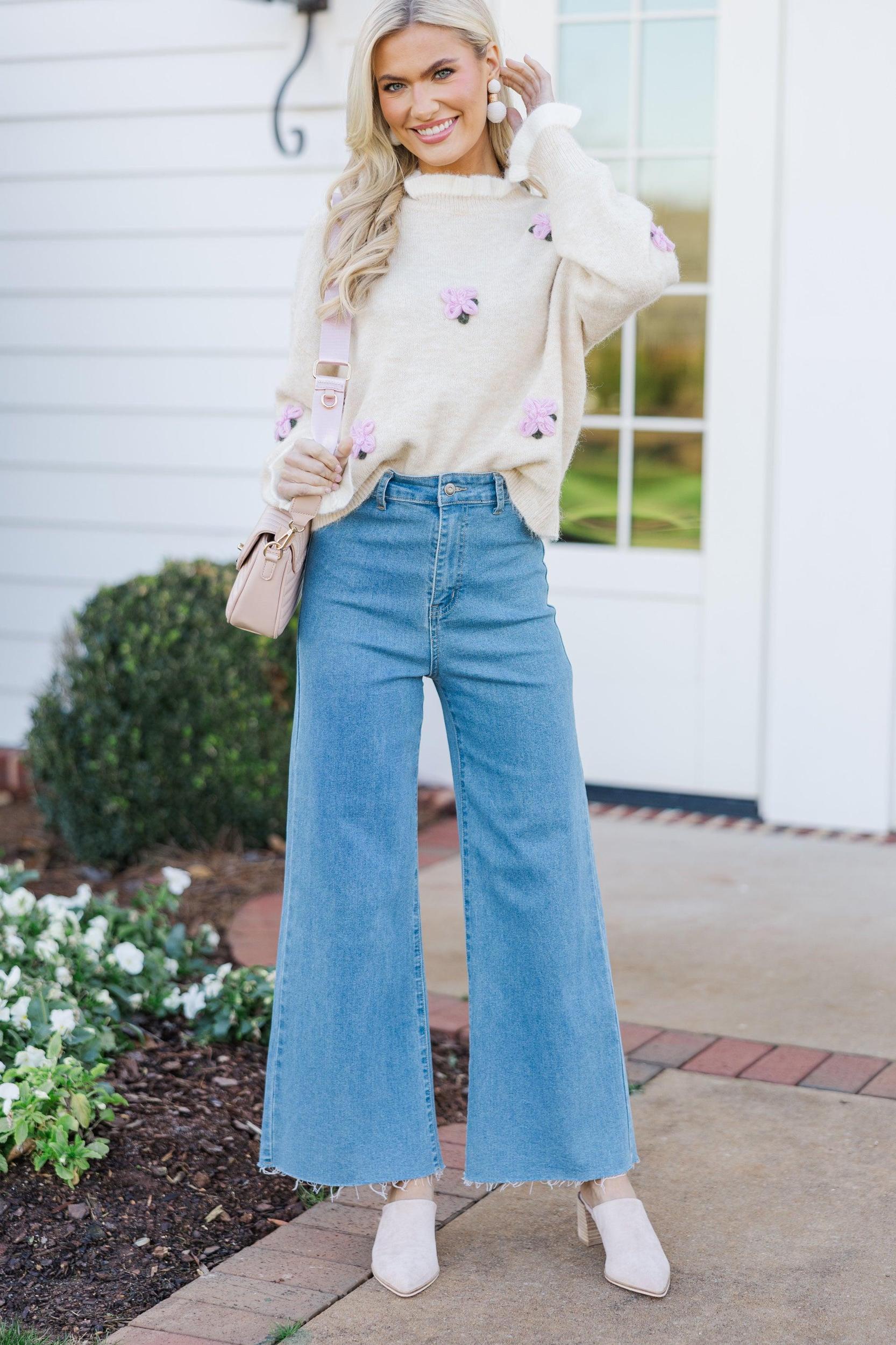 On My Time Oatmeal Floral Sweater Female Product Image