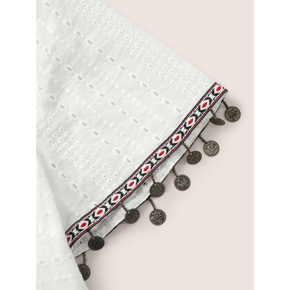 Plus Size White Broderie Anglaise Patchwork Tassel Trim Blouse Women Resort Short sleeve Round Neck Vacation Blouses BloomChic 10/M Product Image